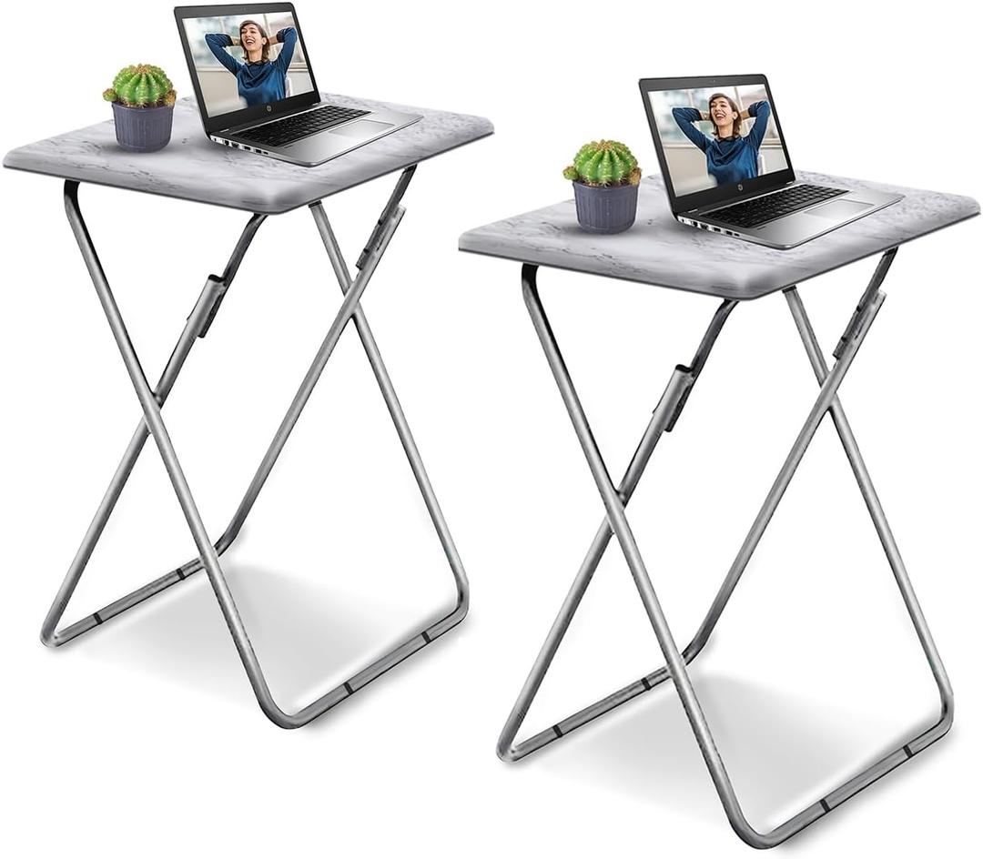 TV Tray Table, Folding Dinner Tray With No Assembly Required, Sturdy Foldable Snack Eating Table for Living Room, 2PCS (White Marble)