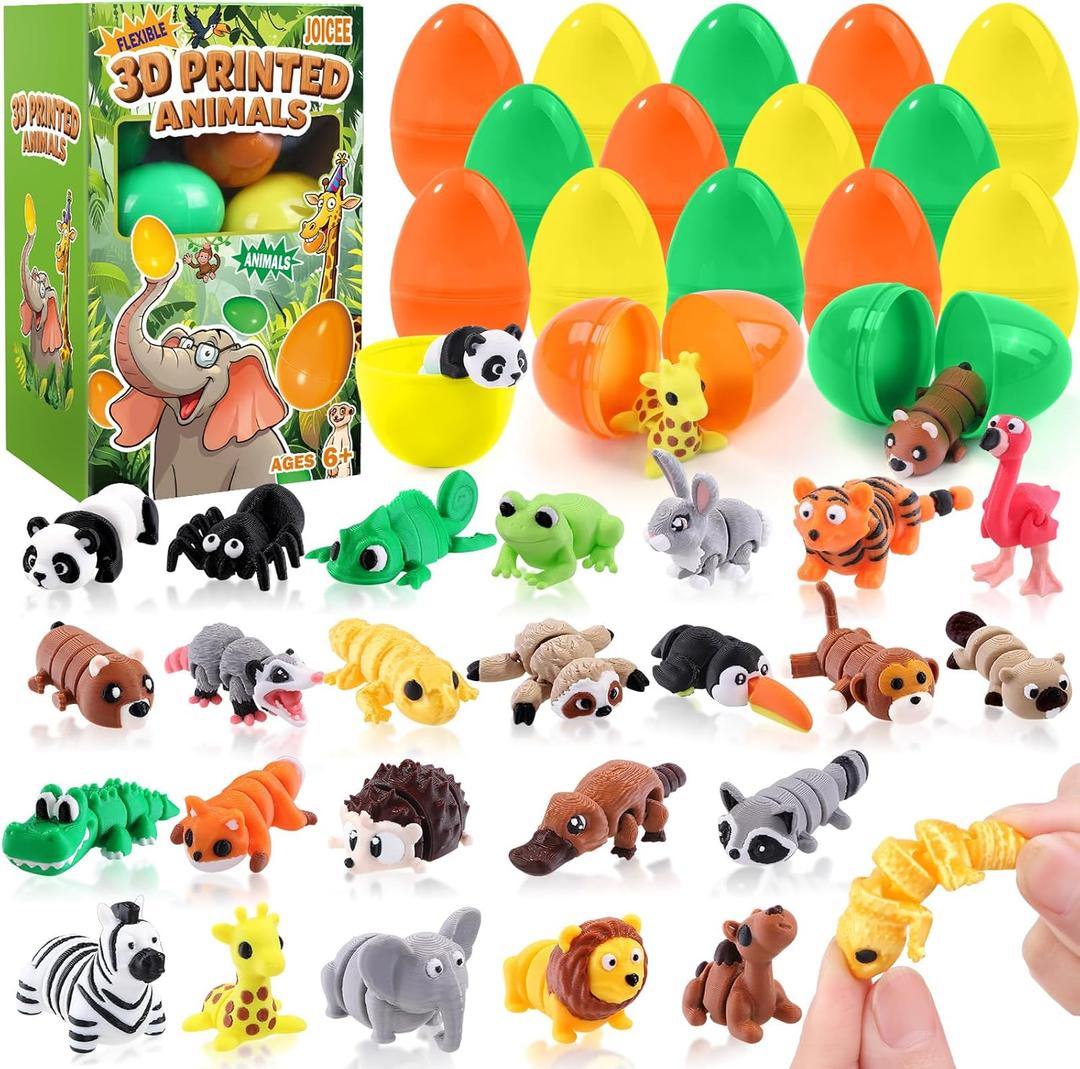 JOICEE 24 PCS Prefilled Easter Eggs with 3D Printed Animal, Jungle Forest Animal Figurines Flexible Articulated Fidget Toys Set for Kids Easter Egg Hunt Basket Stuffers Party Favors
