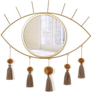 KHOYIME Evil Eye Wall Mirror Boho Gold Mirrors Decorative Metal Mirror with Tassels, Great Macrame Wall Art Bohemian Hanging Decor for Bedroom Living Room Bathroom