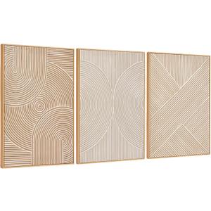 Zessonic Neutral Minimalist Textured 3D Wall Art Abstract Hand-Painted Framed Wall Decor Geometric Artwork Canvas Paintings- Living Room Bedroom Office - Modern Boho Neutral Line 16"x24" 3 piece