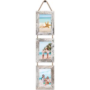 QUTREY 4x6 Picture Frames Collage, 3 Openings 4 x 6 Vertical Hanging Photo Frames Display 4 by 6 inch Pictures for Wall Decor, Distressed White