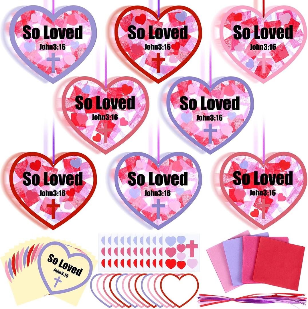 Lunmon 24 Pcs So Loved John3:16 Christian Valentine Crafts Religious Valentine Suncatchers Ornaments DIY Heart Stained Glass Kit Window Art for Church Party Vbs with Ribbon and Stickers