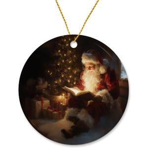 Santa Claus Reading Book Ceramic Christmas Ornaments, Santa Claus Christmas Tree Ornaments, Bookish Xmas Gifts for Book Lovers Women Men, Xmas Tree Decorative Hanging Ornament for Library, Book Santa