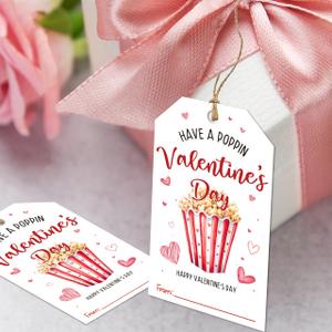 Cazhes Valentine's Day Paper Gift Tags, 50 Pcs Valentine Name Tag with String for Gifts Bags, Popcorn Holiday Presents Wrapping for Party Decoration Supplies - C06