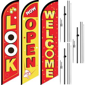 Newwiee 3 Set Feather Flag Banner for Business Advertisement, Now Open Welcome Look Feather Flag Sign 15 Feet Tall Advertising Banner with Fiberglass Pole Kit and Spike for Outdoor Decoration