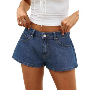 ELLEVEN Baggy Jean Shorts - Low Rise & A-line High Stretchy Mini Denim Shorts with Leather Patch Casual Loose Fit Chic Jorts, Blue Medium