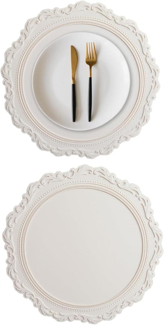 2Pcs Round Silicone Placemats and Coasters Set, Heat Resistant Waterproof Dish Mats for Dining Table, Easy Wipe Off for Kitchen Counter, Cup Holder Coasters for Drink Spills (Off-White)