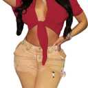 Bornpom Women Sexy Graphic Tees Low Cut V Neck Tops Short Sleeve Shirts Knot Front Tops (Red)