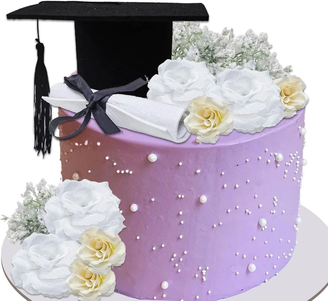 11 PCS Congrats Grad Cake Topper Graduation Caps Scroll Decorations with Artificial Champagne/White Flowers and Babys Breath for Graduation Party Birthday Party Supplies