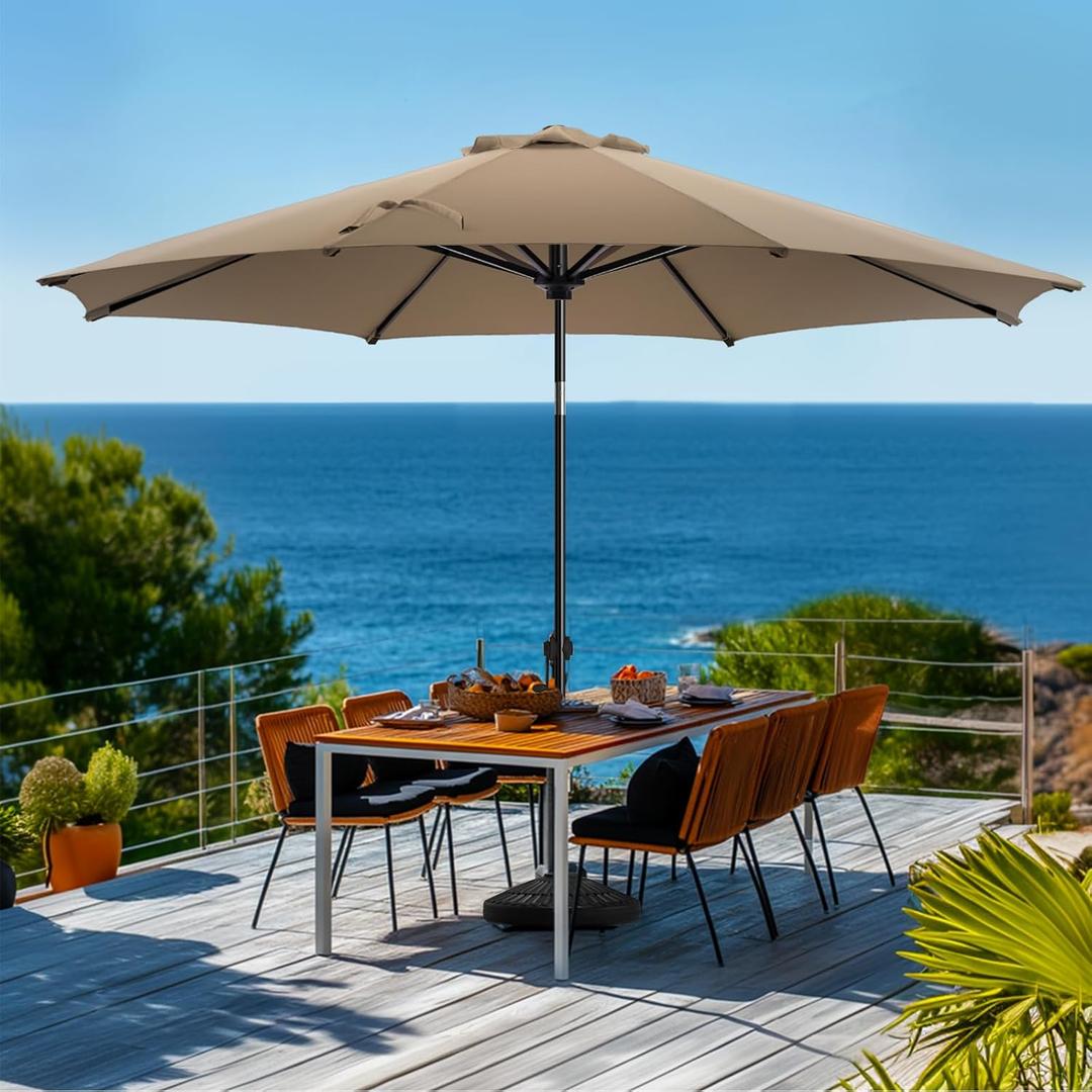 wikiwiki 11 FT Patio Umbrellas Outdoor Table Market Umbrella with Push Button Tilt/Crank, 8 Sturdy Ribs, Fade Resistant Waterproof POLYESTER DTY Canopy for Garden, Lawn, Deck, Backyard & Pool, Tan