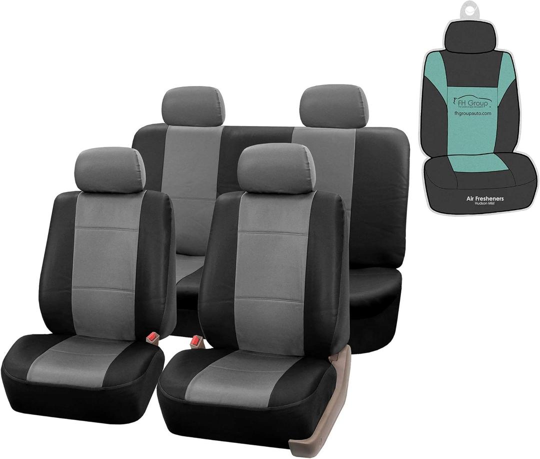 FH Group Car Seat Covers PU Leather Full Set Automotive Seat Covers Front Set and Rear Solid Bench Gray Black Seat Covers with Gift Universal Fit Interior Accessories for Cars Trucks and SUVs