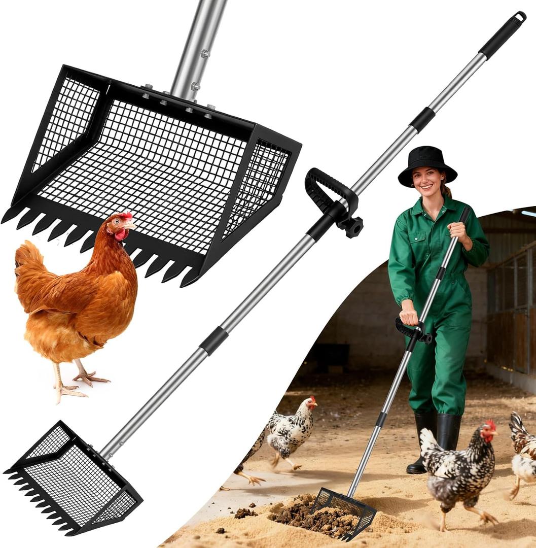 Chicken Poop Scooper & Rake 2-in-1,10" Metal Chicken Coop Scoop for Poop with 35" to 62" Adjustable Stainless Steel Handle,Litter Scooper & Sand Sifting Shovel for Chicken Coops,Farm Animals