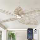 52“ Leaf Ceiling Fans with Lights, (Rustic White Gold) | 3-color Dimmable LED, 4 Palm Leaf Blades, 6 Speeds, DC Reversible Motor, Coastal Tropical Style for Indoor or Outdoor