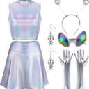 Panitay 7 Pcs Halloween Alien Costume for Women Holographic Metallic Skirt and Top Headband Glove Glasses Earring Necklace (Large)
