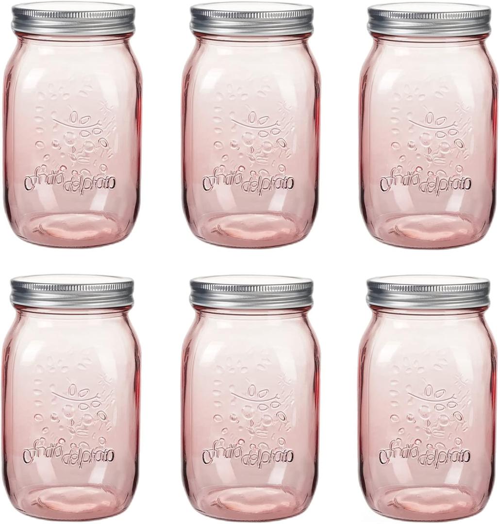 Amzcku 32 oz Rose-Pink Mason Jars with Lids, 6 Pack Wide Mouth Quart Canning Jar, Safe For Storage, Canning, Pickling, Preserving, Fermenting, DIY Crafts & Decor