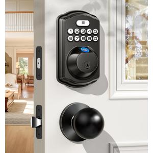 Veise Fingerprint Door Lock with 2 Knobs - Keyless Entry Door Lock with Handle, Electronic Keypad Deadbolt, Smart Front Handle Set, Auto-Locking, Waterproof, Easy Installation, Matte Black