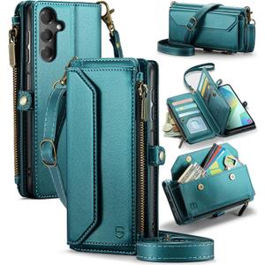 Wallet Case Compatible with Samsung Galaxy A16 5G RFID Blocking Card Holder Soft PU Leather Shoulder Strap Zipper Pocket Magnetic Snap Phone Case Fit for Galaxy A16 6.5" - Bluegreen