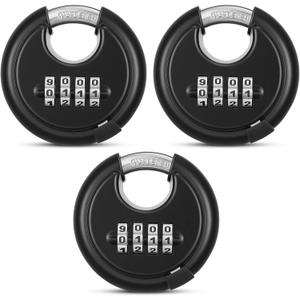 3 Pack 4 Digit Combination Lock Heavy Duty Combo Lock with 3/8 Inch Hardened Steel Shackle Weatherproof Zinc Alloy Disc Padlock for Storage Unit, Shed, Gate, Fence