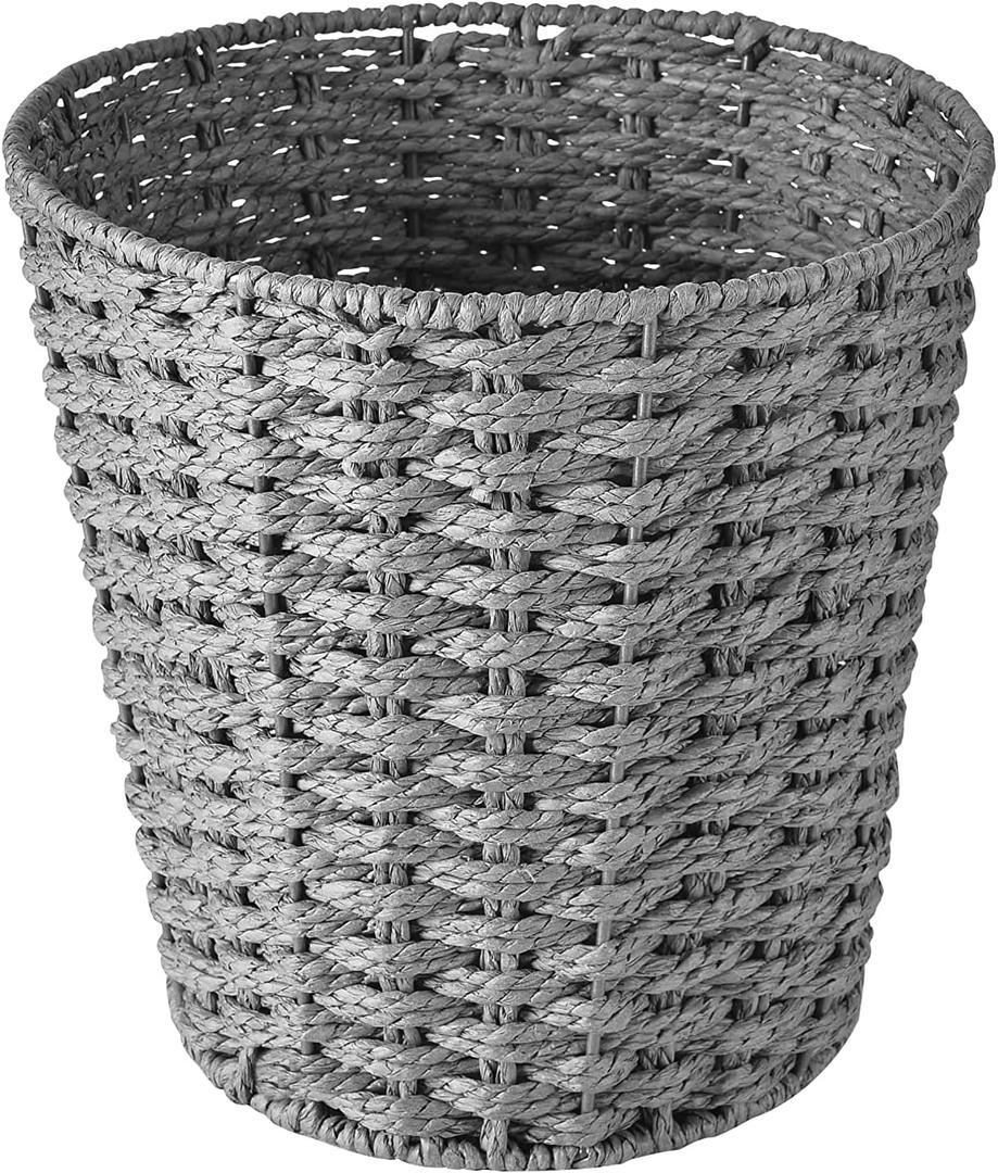 Zuvo Round Wicker Waste Basket Paper Bin - Wicker Trash Basket - Woven Trash Can Rubbish Basket for Bedroom, Bathroom, Offices or Home (Grey) (Pack of 1)