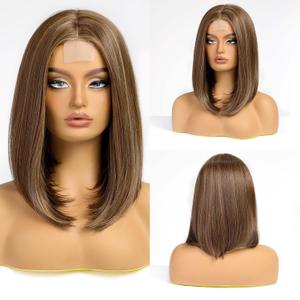HAIRCUBE Short Wigs for Women, Brown Bob Wig Shoulder Length Synthetic Wig Heat Resistant Hair for Daily Party Use 16 Inches(Brown with Highlight)