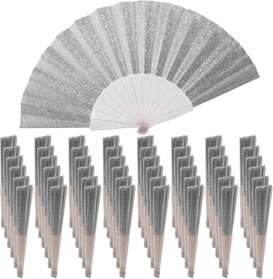 48 Pack Handheld Fan,Folding Hand Glitter fan with Shining Transparent Fan Rib Ideal for Wedding, Church, Festival, Dance, Tea Party, Club, and EDM Accessories, Silvery