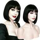 Black Bob Wig With Bangs 12 Inch Short Straight Black Wigs With Bangs Glueless Synthetic Hair Wigs for White Women Neck Length Natural Looking