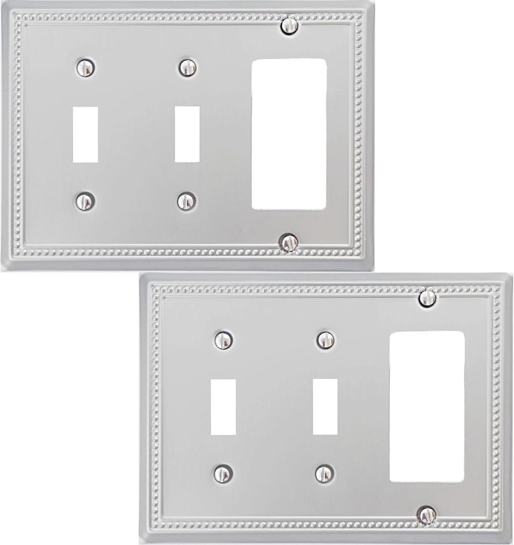 OKAWYC Double Toggle/Single Decorator Light Switch Cover Belaire Beaded Metal Wall Plate, 2-Pack Brushed Nickel 3 Gang, Receptacle Dimmer Light Switch Cover GFCI Outlet Decorative Wallplate, Durable