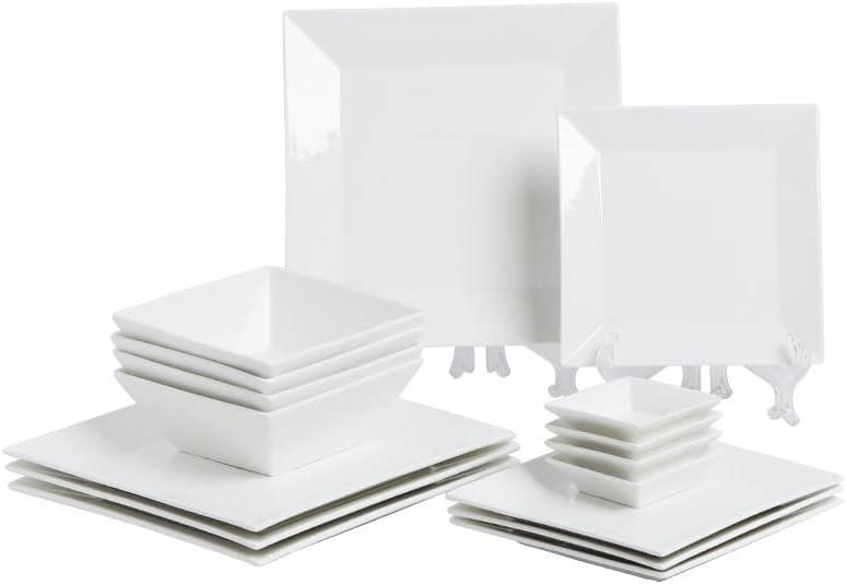 Porlien 16-Piece Classic Square Dinnerware Set for 4-Square Dinner Plates, Dessert Plates, Bowls & Dipping Saucers, Off White Dishes for 4