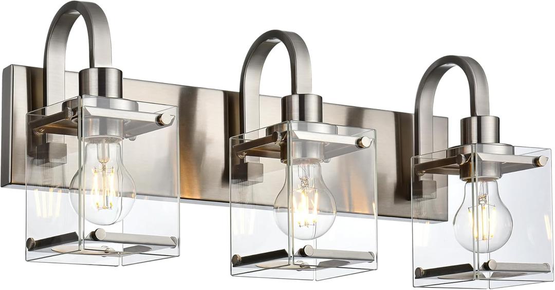 3-Light Bathroom Vanity Light Fixtures, Modern Vanity Lights with Clear Glass Shade Wall Light Brushed Nickel Wall Sconce Lighting for Living Room, Bedroom Kitchen Farmhouse
