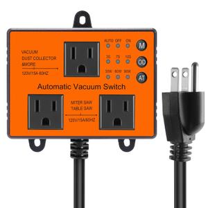 Automatic Vacuum Switch, Autoswitch for Dust Collector Woodworking Shop Miter Saw,120V/15A, Auto/On/Off 3Modes, Adjustable Delay Shutoff
