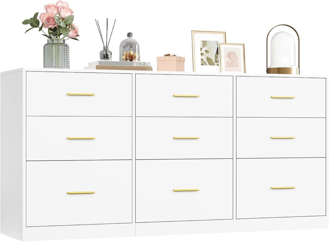 VASAGLE 9-Drawer Dresser, Chest of Drawers, 63.1 x 15.8 x 30.7 Inches | Bedroom chest of drawers, TV stand for living room, Cloud White, Custos Collection, ULTS419WB01S
