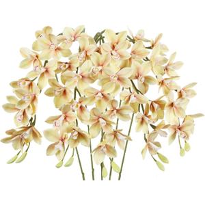 IPOPU 5 Pcs Real Touch Faux Orchid Champagne Orchid Artificial Flowers with Long Stem for Wedding Party Centerpiece Bridal Bouquet DIY Home Living Room Decoration