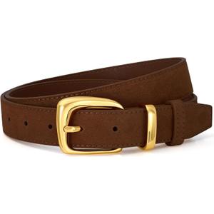 SANSTHS Women Suede Genuine Leather Belt for Dresses Jeans Fashion Retro Gold Buckle Ladies Waist Belts (Fit Waist Size 26-30 Inches, Coffee)