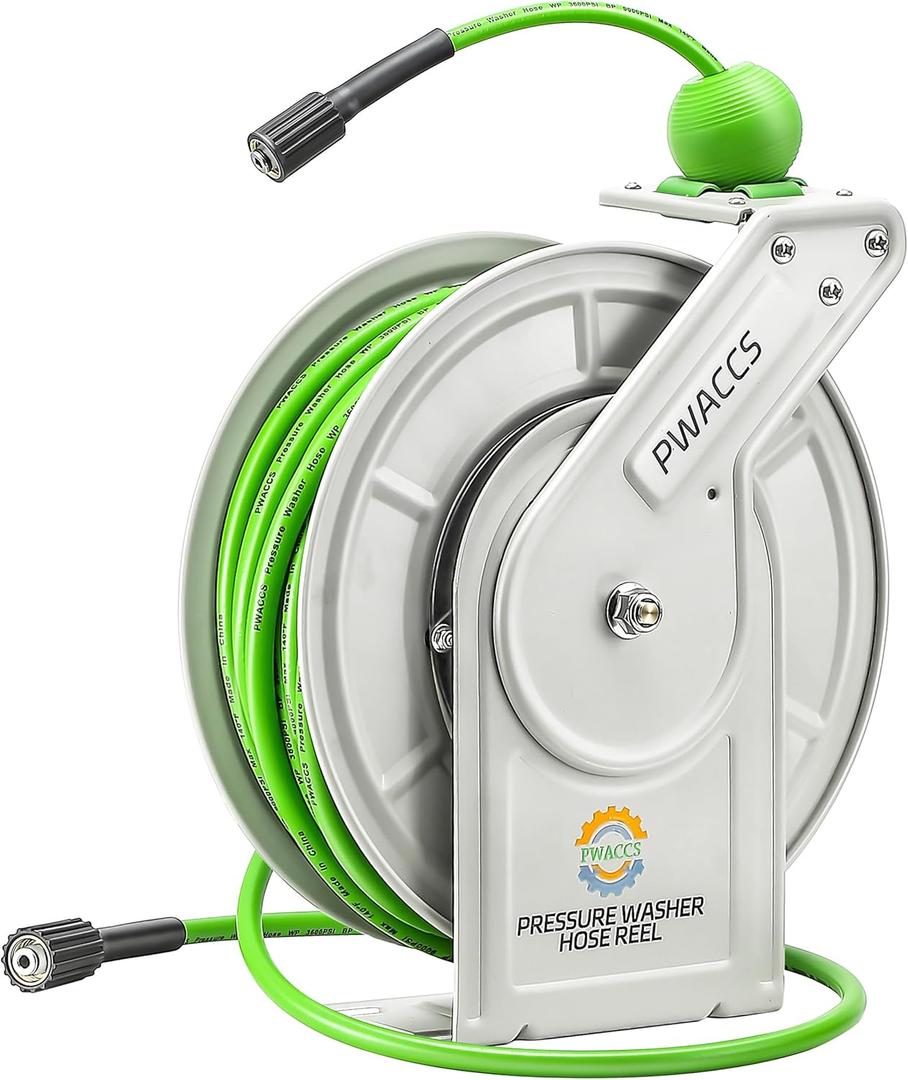 PWACCS Retractable Pressure Washer Hose Reel, 1/4" x 60ft Heavy Duty Power Washer Hose Reel, High Pressure Reel Auto Rewind, Wall/Floor Mounted, 3600 PSI