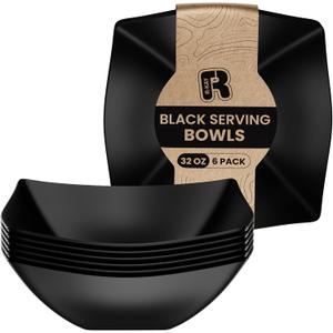R-kay 6 Pack Square Plastic Serving Bowls - Black Plastic bowls 32 Oz - Premium Black Disposable bowls Heavy Duty For Weddings Catering And Birthday parties