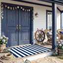 Duraaamo Nautical Navy White Stripe Rug 3' X 5' 4th of July Door Mat Summer Navigation Welcome Doormat for Larger Doorway Front Porch Patio Wide Entryway Beach House Farmhouse Modern Coastal Decor