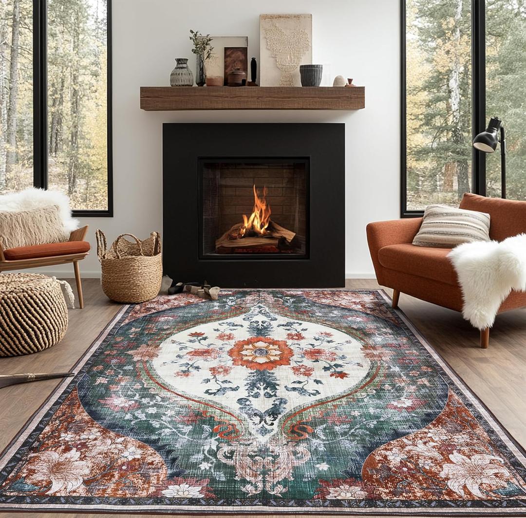 5x7 Boho Vintage Area Rugs Living Room Machine Washable Floral Rugs Distressed Oriental Indoor Non Slip Carpet for Bedroom Dinning Room Kitchen Entryway (Beige/Orange,5x7ft)
