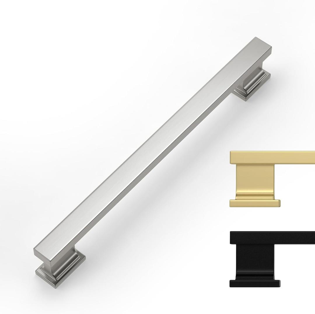 Rergy 10 Pack Cabinet Handles, 6-1/4 Inch Hole Center Pulls, Brushed Satin Nickel Kitchen Drawer Pulls and Knobs, Square Hardware for Bathroom Dresser