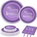 96 Pieces Purple and Silver Birthday Plates and Napkins Party Tableware Set with Happy Birthday Party Decorations,Paper Plates,Napkins and Forks for 24 Guests