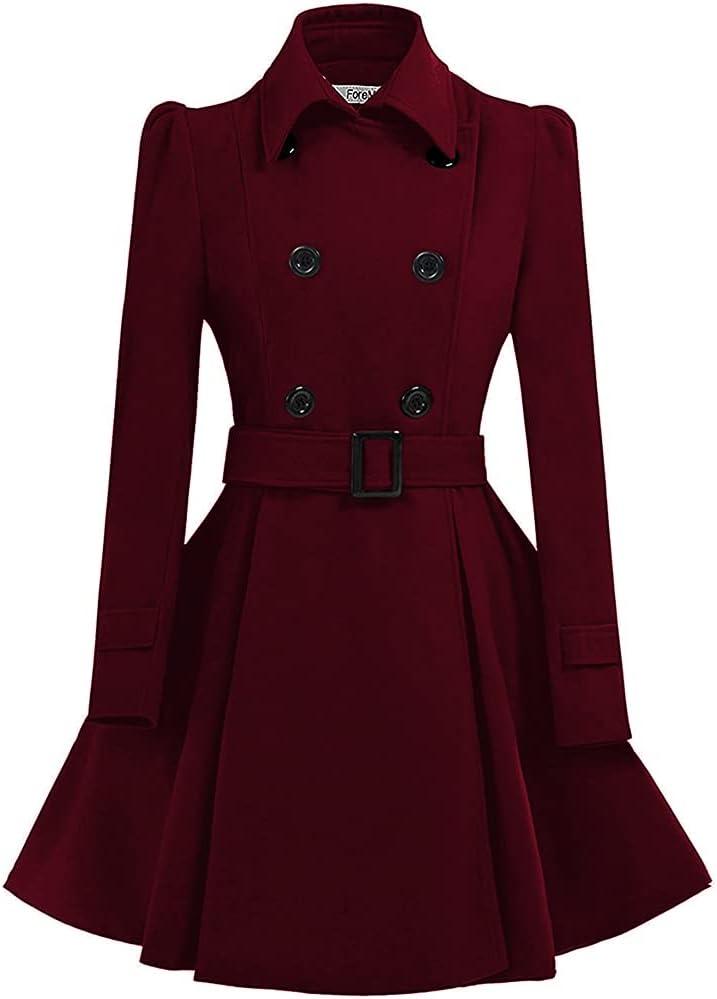 ForeMode Women Swing Double Breasted Wool Pea Coat with Belt Buckle Spring Mid-Long Long Sleeve Lapel Dresses Outwear (Large, Wine Red)
