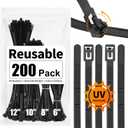 SOOOEC 200 Pack Reusable Zip Ties Assorted Sizes 6+8+10+12 inch UV Resistant, Black Zip Ties Heavy Duty Outdoor Releasable Round Ending No Hurt, Cable Ties Reusable Tie Wraps Indoor Non Slip Off