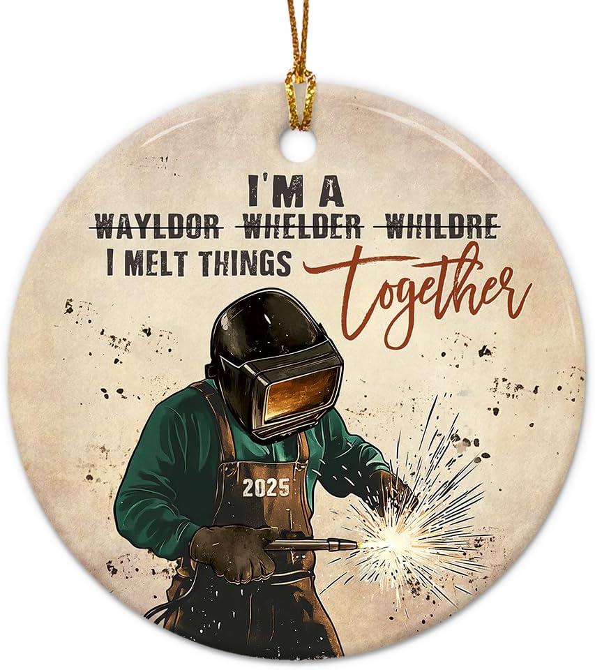 Welding Christmas Ornament 2025 - Patriotic Welder Gift for Men, Ironworker, Metal Worker - Welder Ornament for Men, Women, Dad, Brother, Husband, Ceramic Blue Collar Pride Holiday Decor Gifts