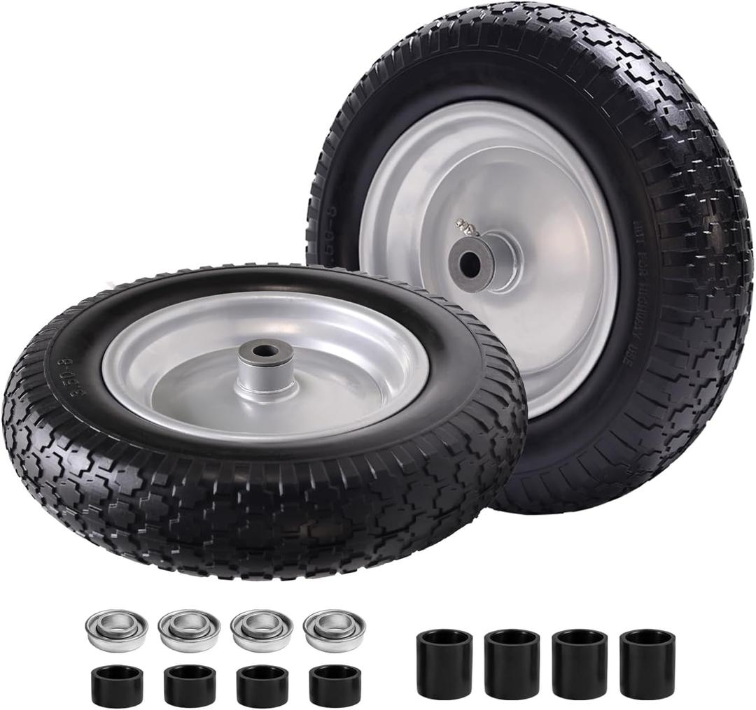 (2-Pack) 14.5" Flat Free Tire and Wheel - 3.5-8" Solid Wheelbarrow Tires with 3" -7" Centered Hub and 5/8" & 3/4"Bearings - Universal for Wheelbarrow Trolley Dolly Lawn Mover Go Kar Wheels
