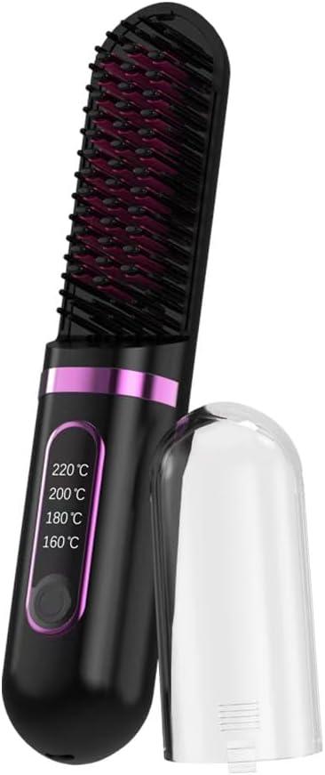 Cordless Hair Straightener Brush, Portable Straightening Brush for Women, Mini Negative Ion Hot Comb for Travel, 30Mins Auto-Off, USB Rechargeable, Fast Heating 4 Temperature Settings (Upgrade-Black)