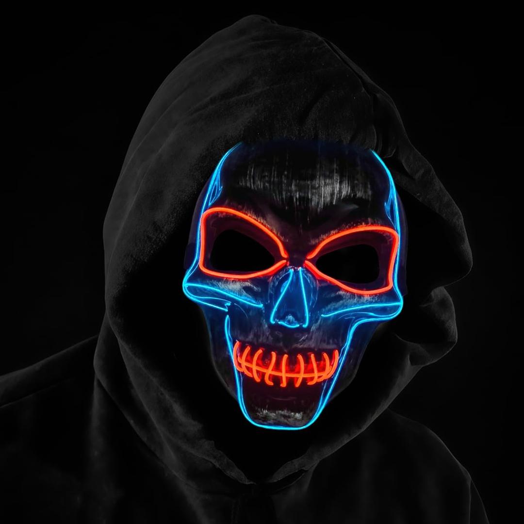 OceanWings Halloween Mask LED Light up Costumes Scary Mask for Party Supplies Favor (Blue Red-silver)