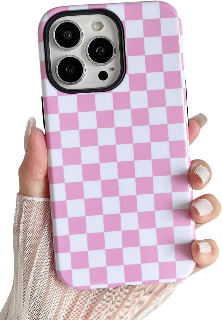 Longlayss Compatible with iPhone 14 Pro Max Case Cute Aesthetic Checkerboard Checkered Phone Case for Women Girl Shockproof Slim TPU and Hard PC Protective Cover (Pink)