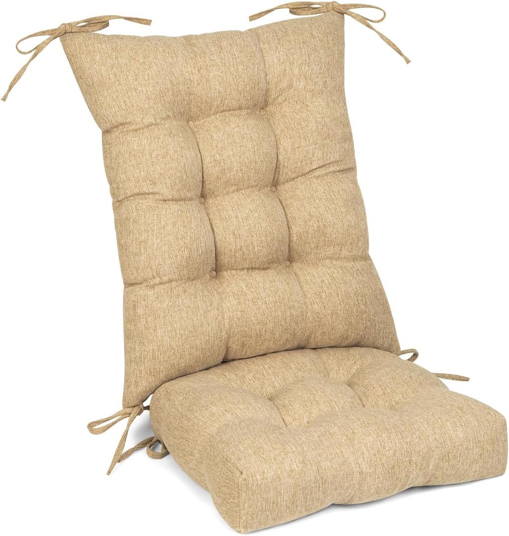 Non-Slip Rocking Chair Cushion Set with Thick Tufted Design, Set of Seat & Back Cushion with Ties for Rocking Chair Cushions Indoor,Classic Linen Fabric (Khaki)