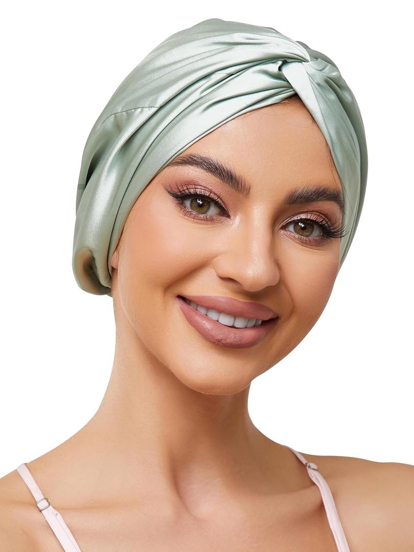 Adjustable Silk Satin Bonnet for Sleeping Hair Wrap, Double Layer Sleep Cap, Night Turban for Large Long Curly Braid Women Men Hair - Matcha Green