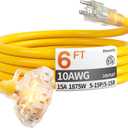 6 ft 10 Gauge Heavy Duty 3 Outlet Extension Cord Splitter with Indicator, Waterproof Outdoor Extension Cord with Multiple Outlets, 15A 1875W for Workshop, ETL Listed, Flexible Yellow SJTW