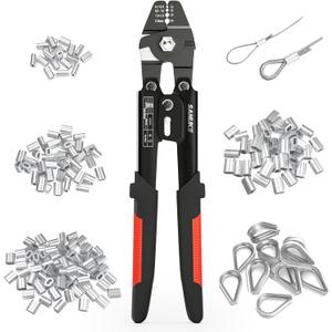 Sanuke Wire Rope Crimping Tool for 3/64 1/16 5/64 inch Aluminum Crimping Loop Sleeves Kit with 160pcs Aluminum Crimping Loop Sleeve and 10pcs Stainless Steel Thimble